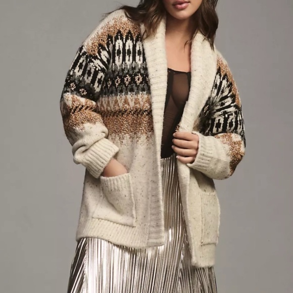 NWT Anthropologie Holiday Fairisle open Front Shawl Collar Cardigan Sz L NWT - Picture 6 of 16